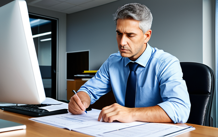 A focused professional, an adult male engineer, in a modest business shirt, sits at a clean, well-organized desk. He is intently studying a detailed electronic certification results report, which includes charts and breakdowns. His expression shows deep concentration and analytical thought. The background is a modern, brightly lit office environment, suggesting an atmosphere of learning and assessment. The scene conveys diligence and the pursuit of knowledge. fully clothed, appropriate attire, professional dress, safe for work, appropriate content, professional, modest, perfect anatomy, correct proportions, natural pose, well-formed hands, proper finger count, natural body proportions, high-quality, sharp focus.