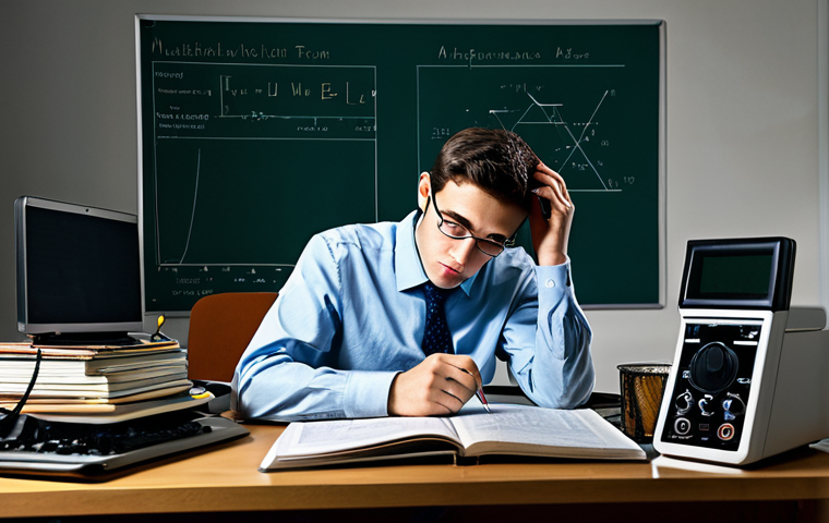 A focused young professional, fully clothed in a modest, long-sleeved business casual shirt and trousers, sits at a cluttered desk overflowing with numerous old, thick electronics theory textbooks and paper schematics. Their expression conveys a sense of being overwhelmed by abstract knowledge. The background features a dimly lit study room, highlighting the isolation of theoretical learning. On the desk, an outdated multimeter sits unused, emphasizing the lack of practical engagement. professional photography, high detail, realistic, vibrant colors, perfect anatomy, correct proportions, natural pose, well-formed hands, proper finger count, natural body proportions, safe for work, appropriate content, fully clothed, professional.