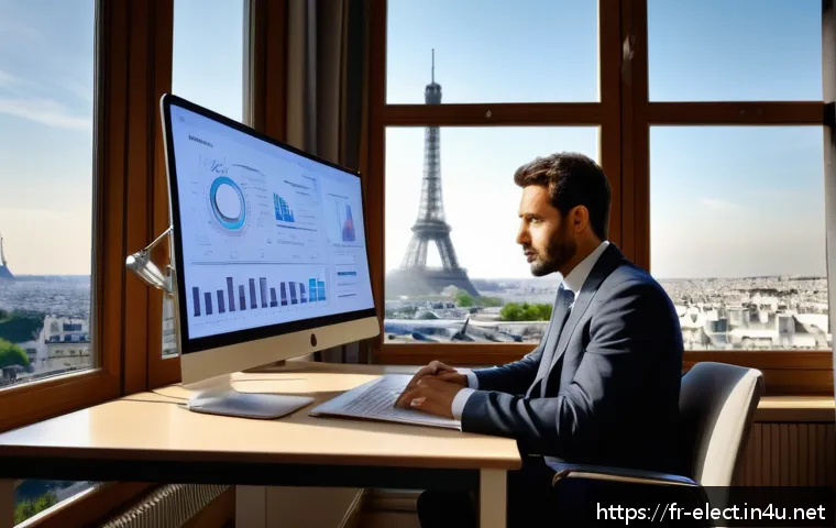 전자기기 관련 연봉 협상 팁 - A professional office scene in Paris, featuring a mid-career electronic engineer dressed in smart bu...