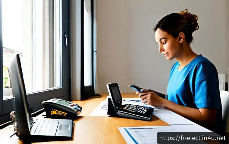 전자기기 자격증 취득 후 해야 할 일 - Photorealistic French electronics technician at a bright organized home office desk, carefully revie...